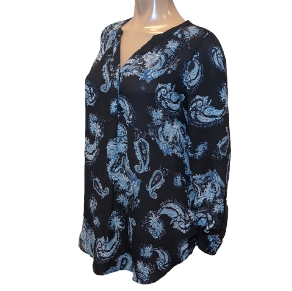 💠Ricki's Paisley Shirt Dress V-Neck Long Sleeve Tunic Roll Tab Flowy Navy Blue